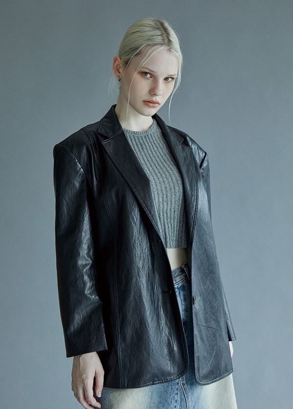 오버핏 테일러드 레더 자켓 블랙 overfit tailored leather jacket black