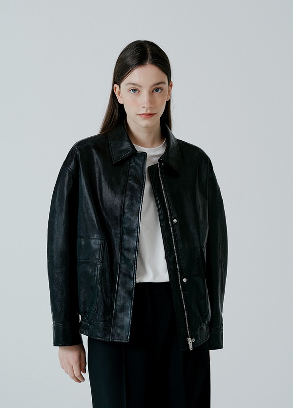 세미 오버핏 레더 블루종 점퍼 블랙 Semi-overfit Leather Blouson Jumper Black